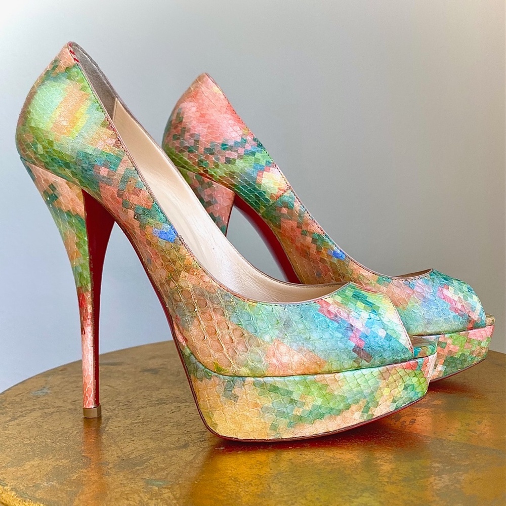 Excellent Christian Louboutin Troca 140 Python Pixel - Red Bottoms Size EU 38 - Picture 5 of 16